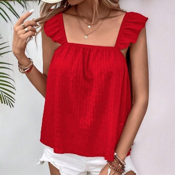 Red Boho Womens Tie Back Ruffle Trim Top - Picture 2 of 5